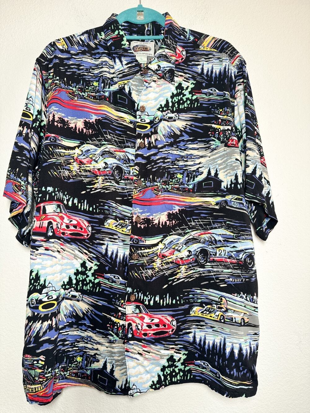 Reyn Spooner Eddy Y Racing Cars Hawaiian Shirt Rayon L